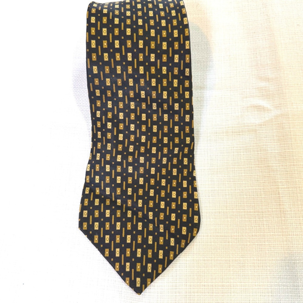 Zylos George Machado Silk Necktie Black Gold Geometric Made‎ in USA Italy Fabric